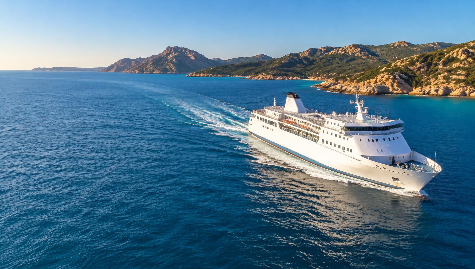 Traghetto in navigazione lungo la costa della Sardegna